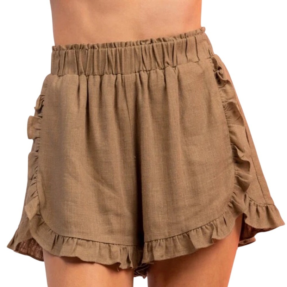 New In High Waist Tan Ruffle Trim Shorts Linen Blend